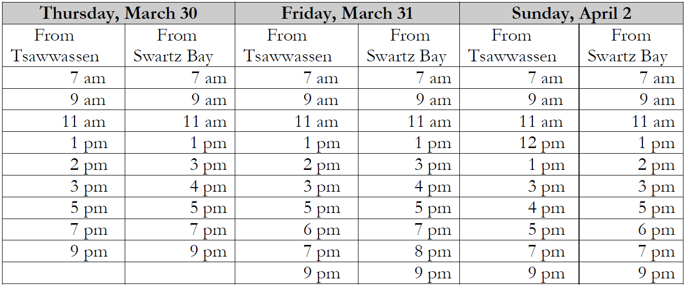 As a result of the mechanical issue, the following modified sailing schedule will be in effect for March 30, 31 and April 2: